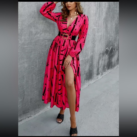 Letter Print Split Thigh Belted, Elegant V Neck High Waist Pleated Maxi Dress - Picture 6 of 11